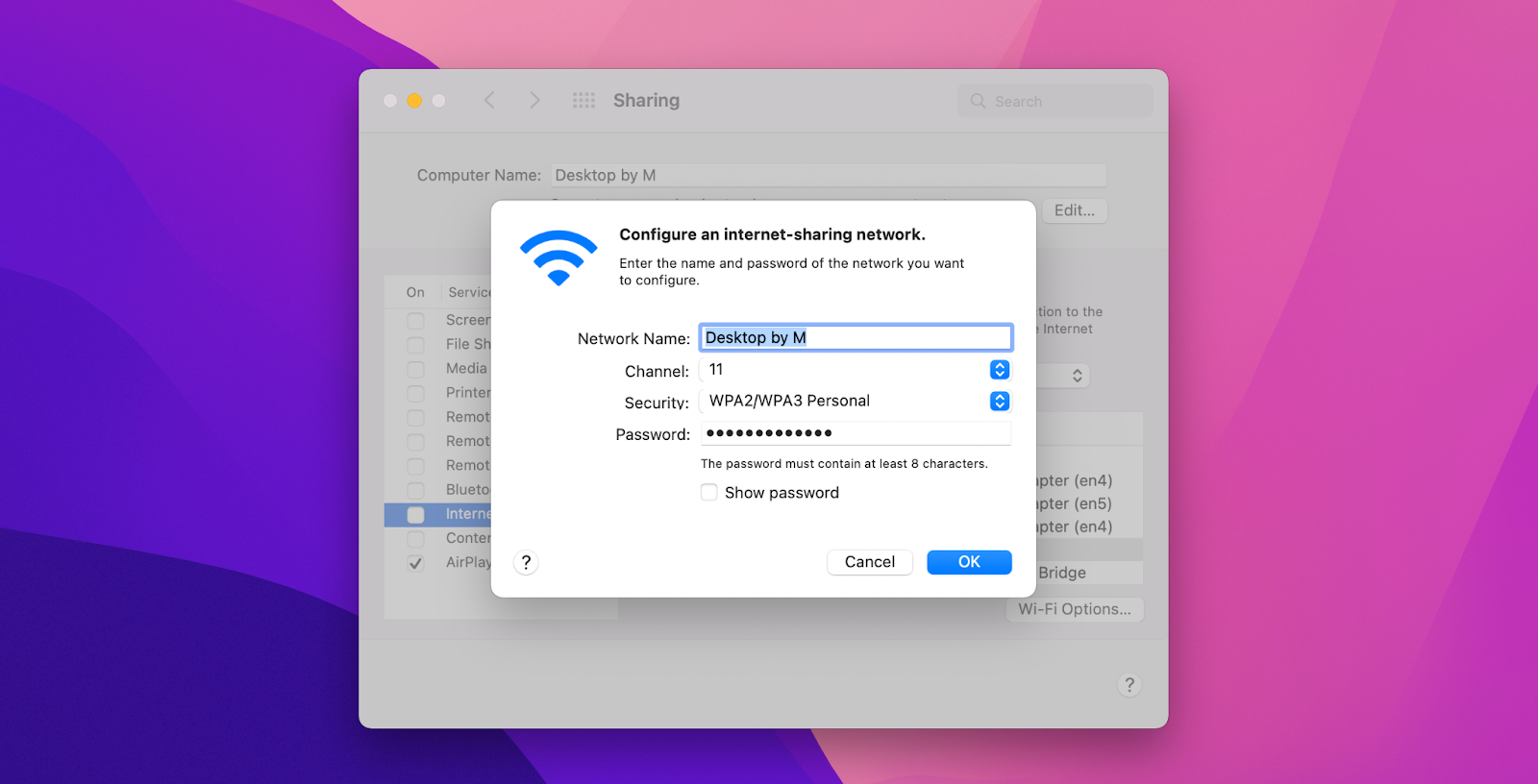 internet sharing on mac change password