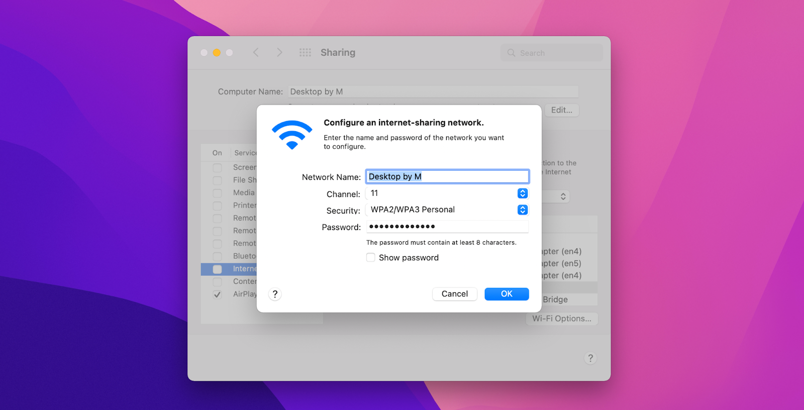 Configure an internet-sharing network.