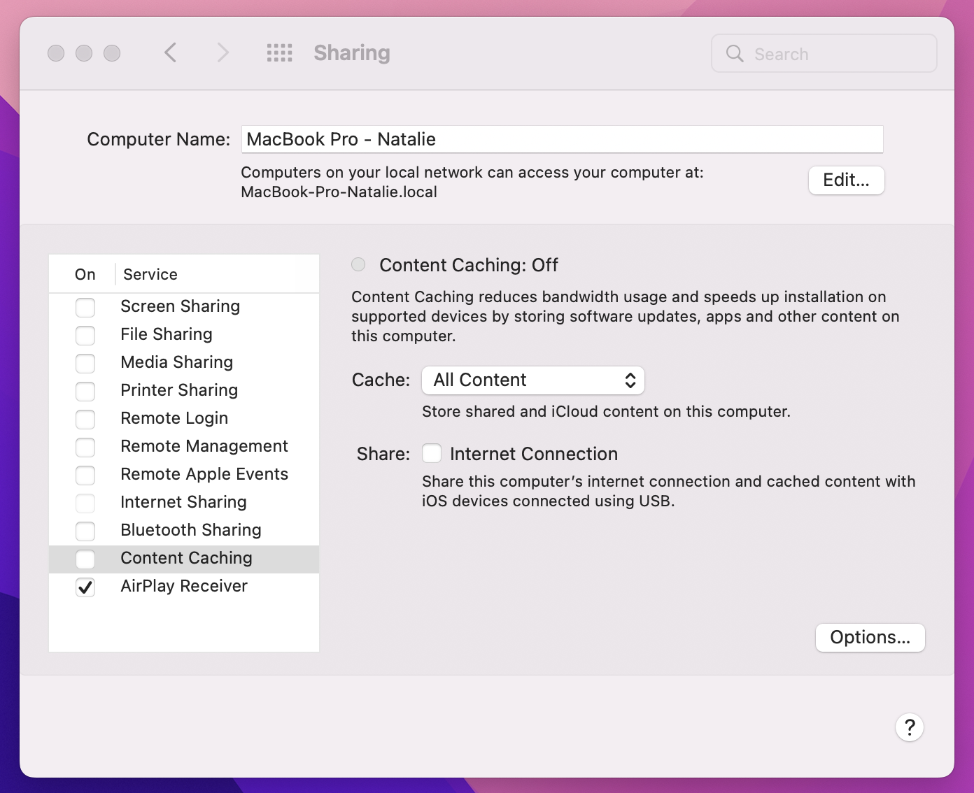 sharing content caching off