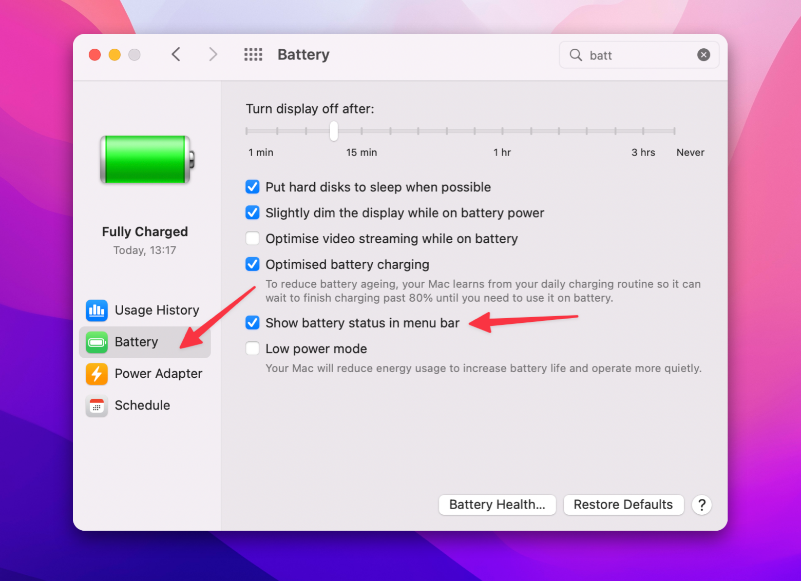 Show battery status in menu bar