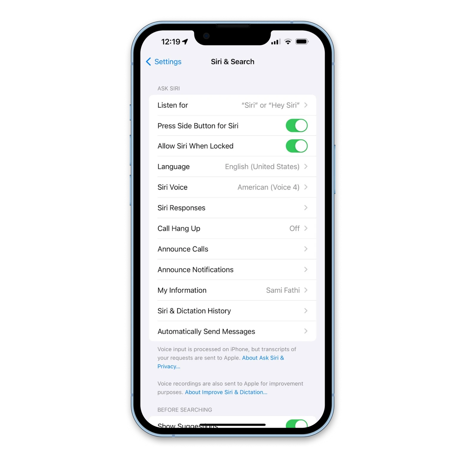 siri iphone settings page