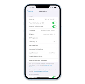 siri iphone settings page