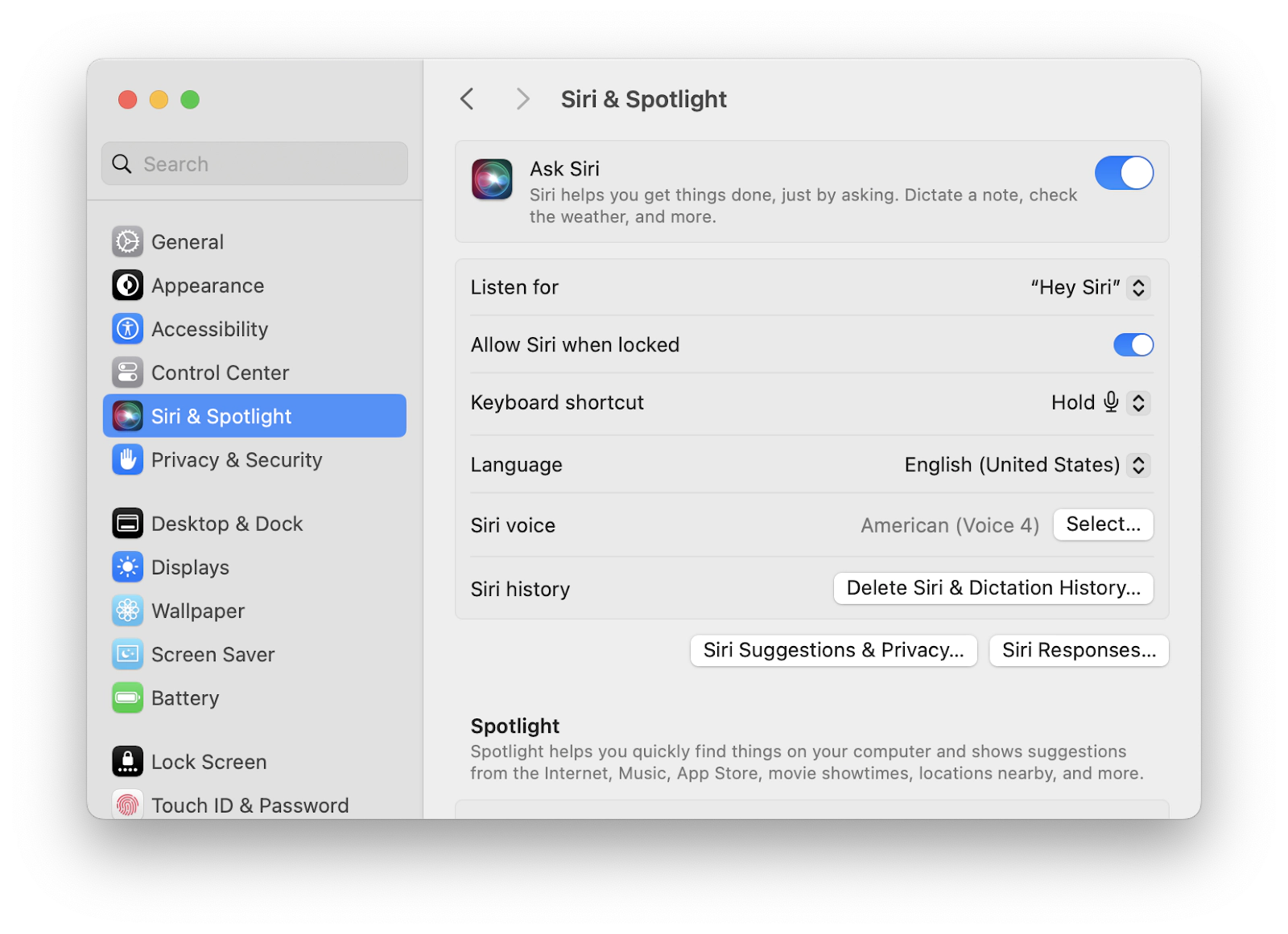 Siri settings on a Mac