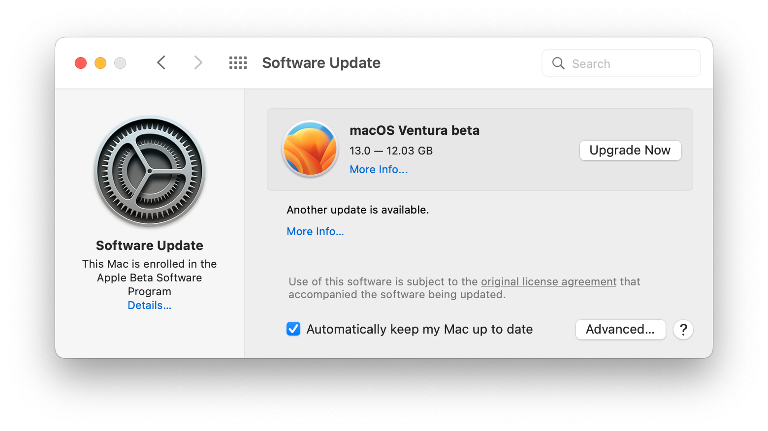 macOS Ventura beta 13.0 12.03 GB Upgrade Now