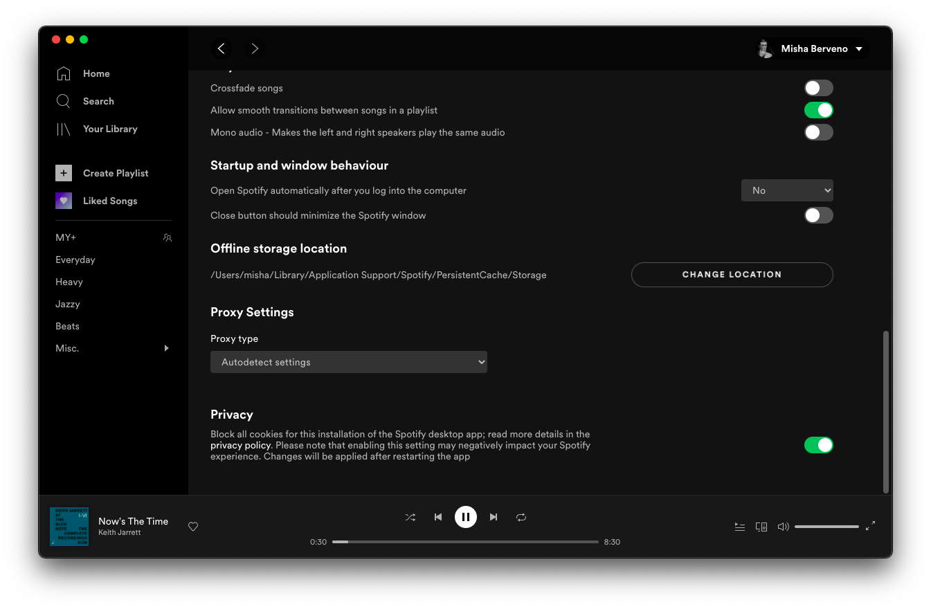 Spotify app’s settings