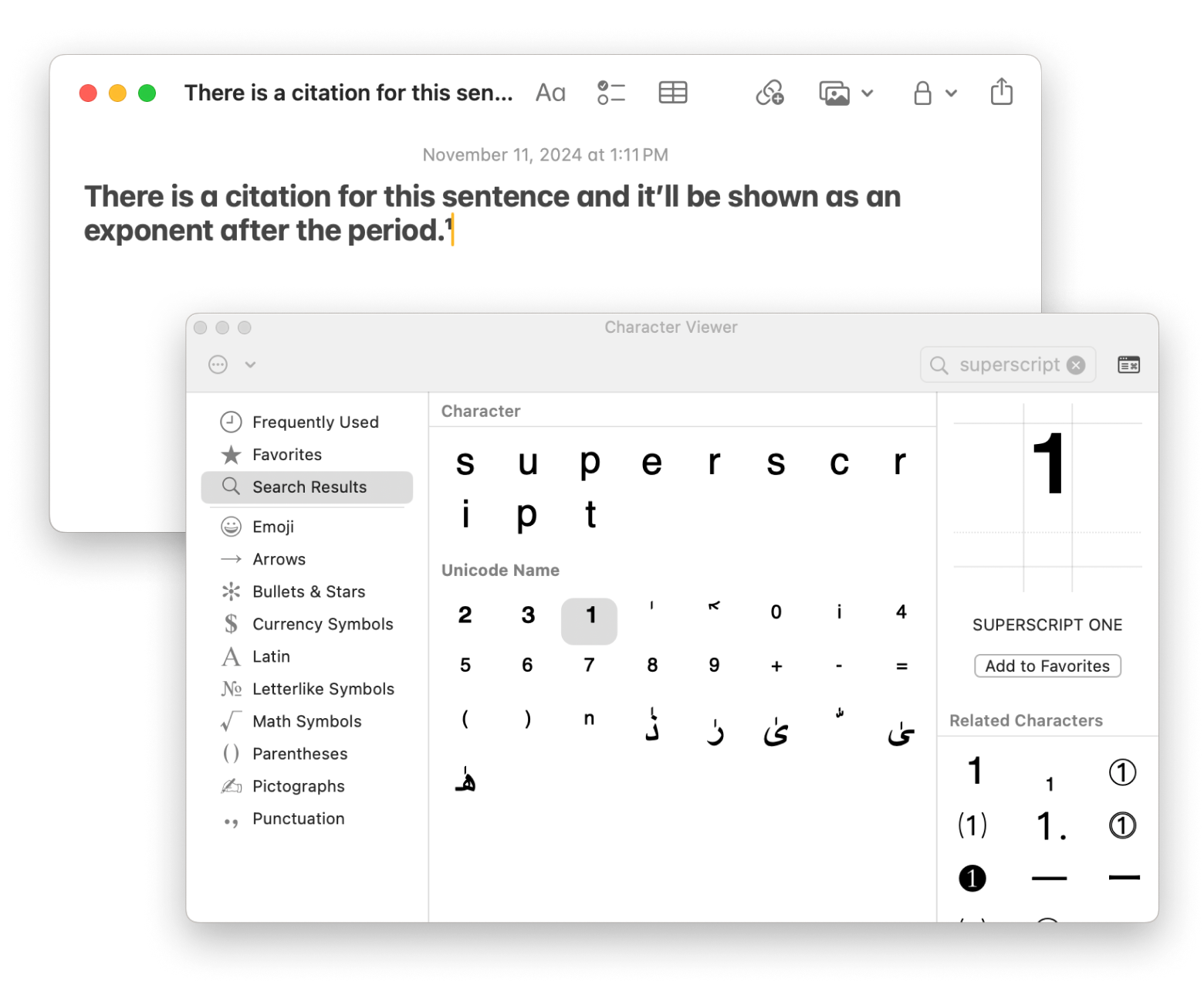 superscript insert notes mac