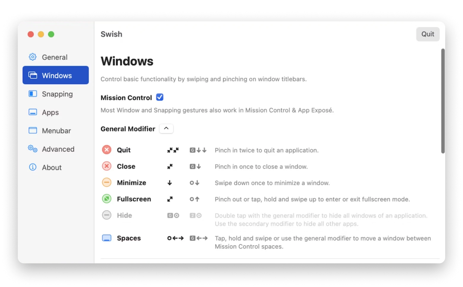 Control basic functionality by swiping and pinching on window titlebars