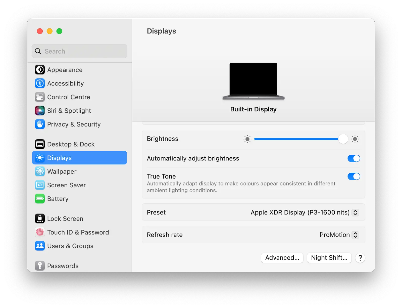 Night Shift... in Displays settings on macOS
