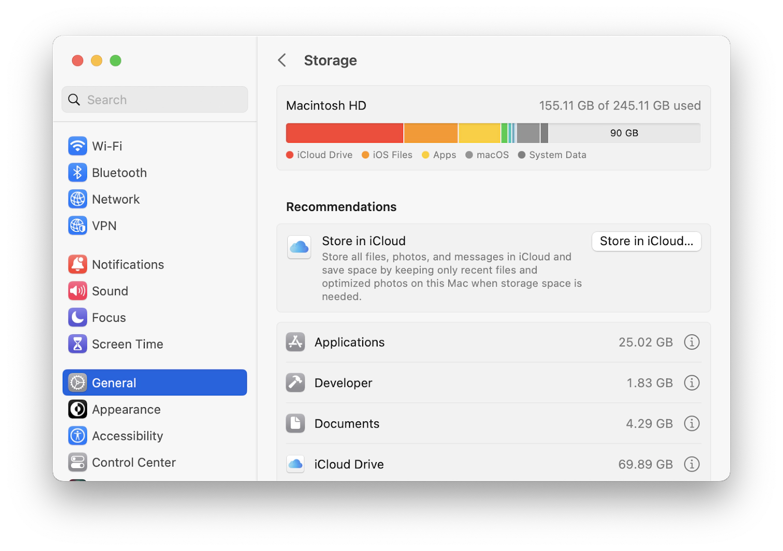 check storage space using System Settings