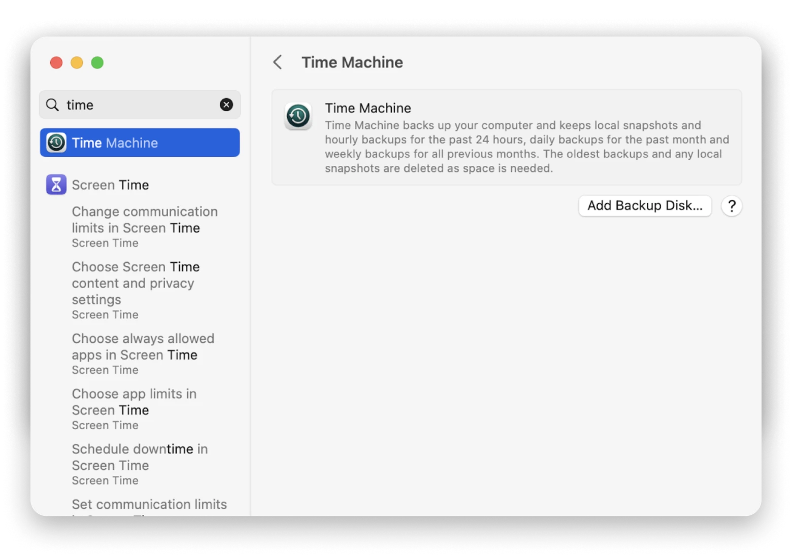 system settings time machine