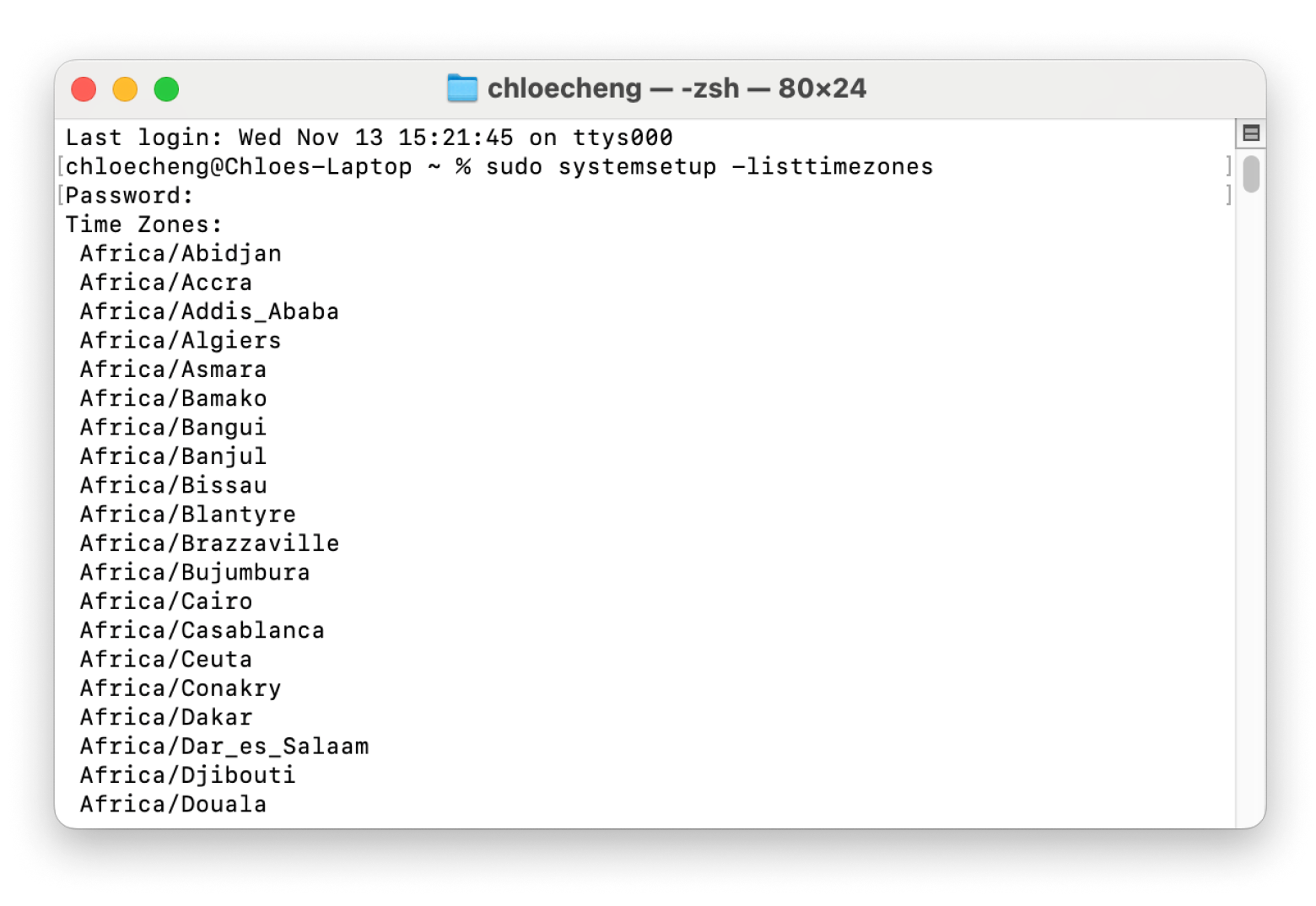 terminal list time zones