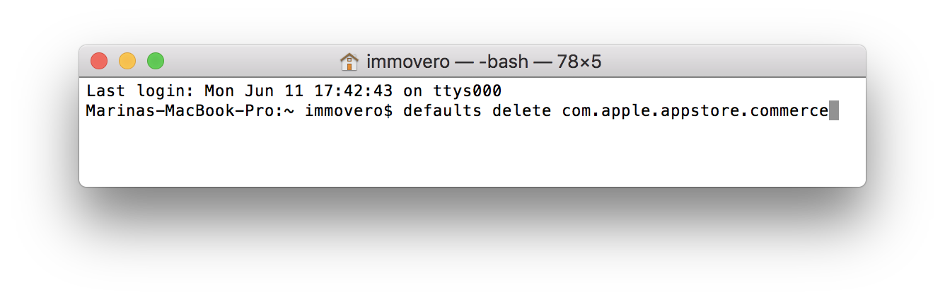 defaults delete com.apple.appstore.commerce