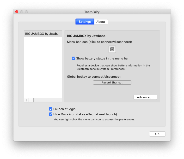 Settings to connect via Bluetooth