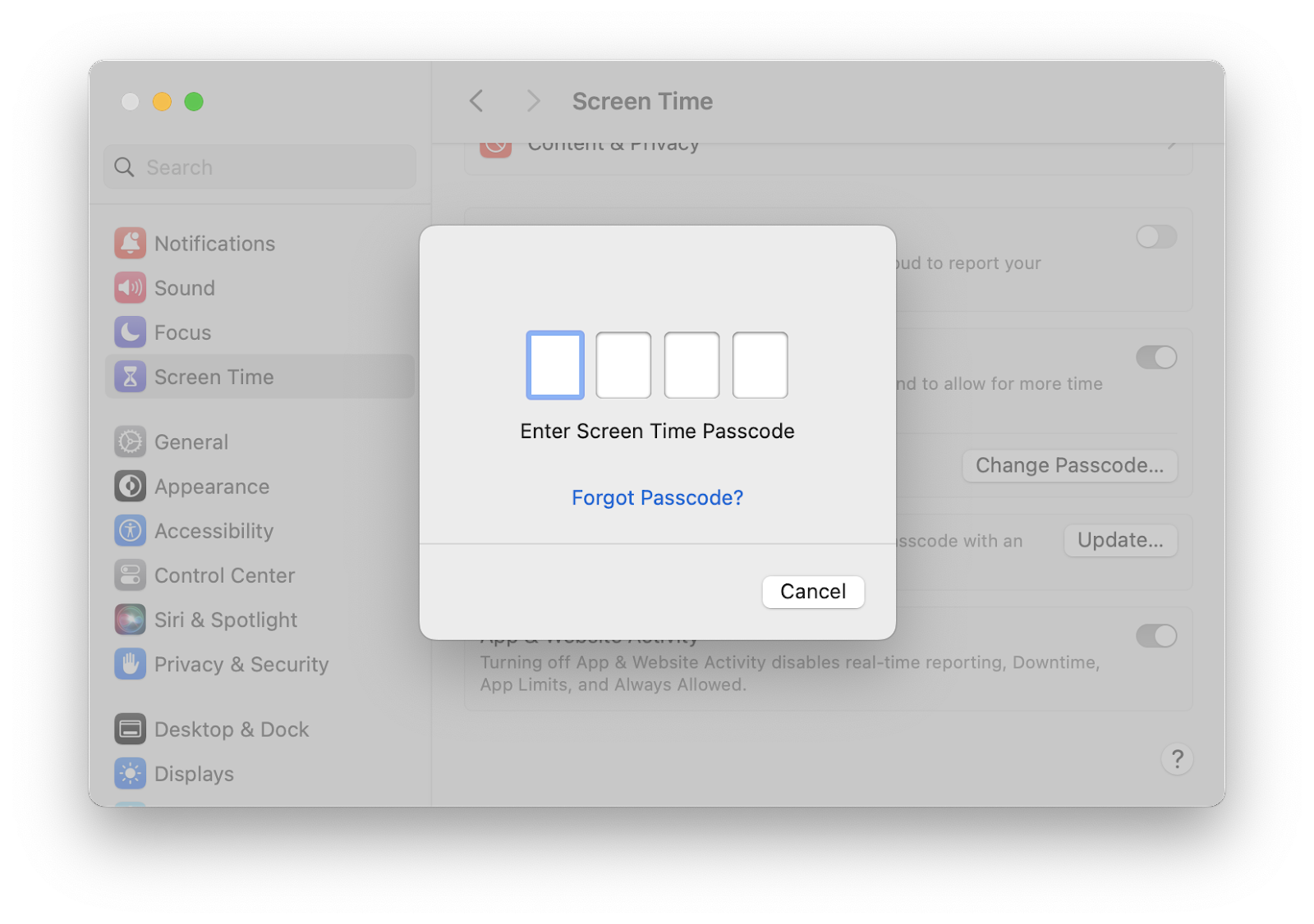 turn off screen time passcode mac