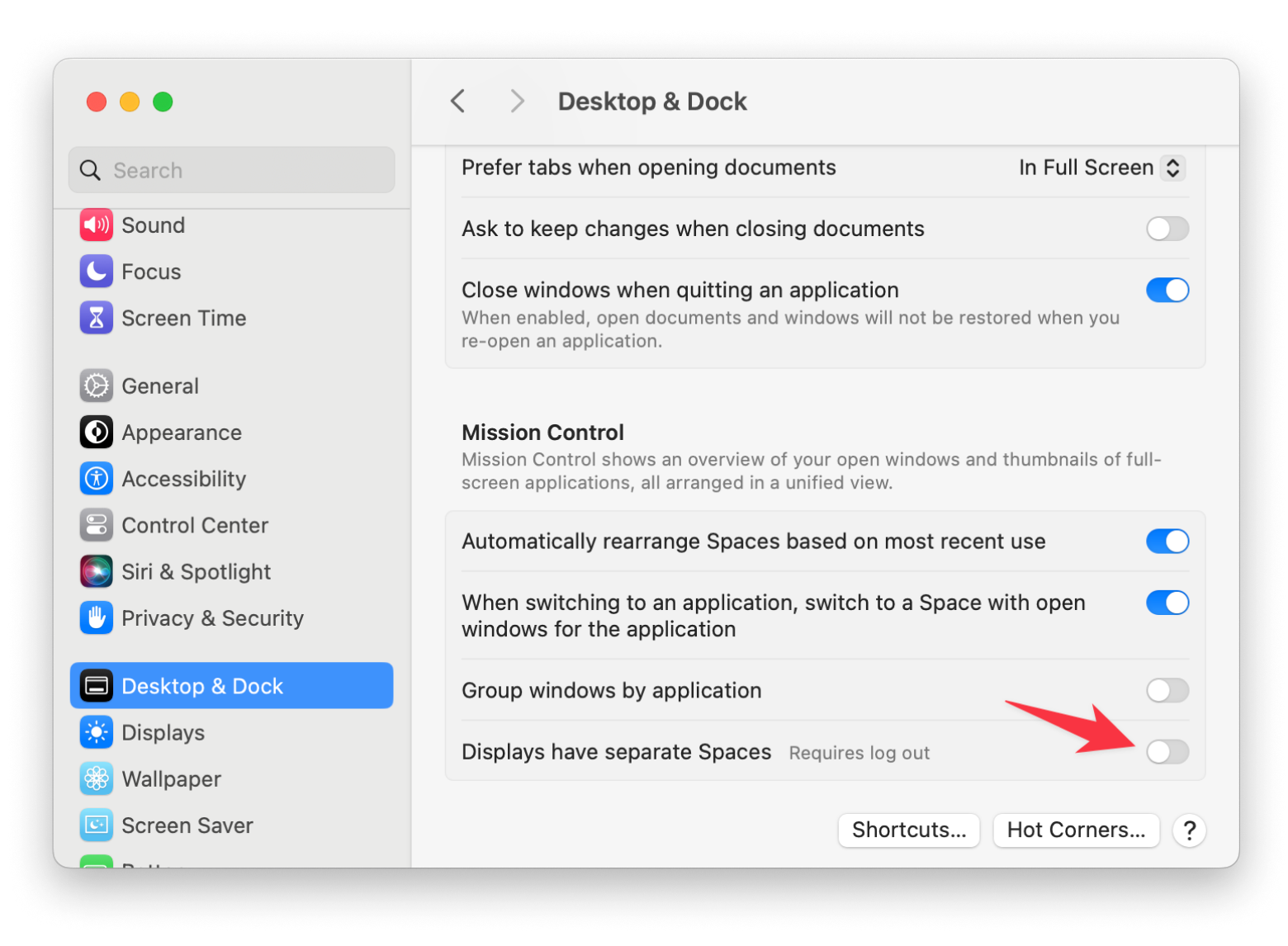 turn off separate spaces for displays