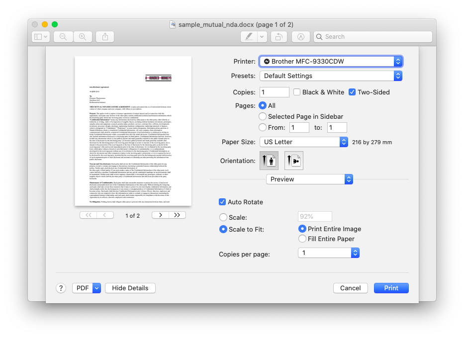 enable two-sided printing on a mac for a word document