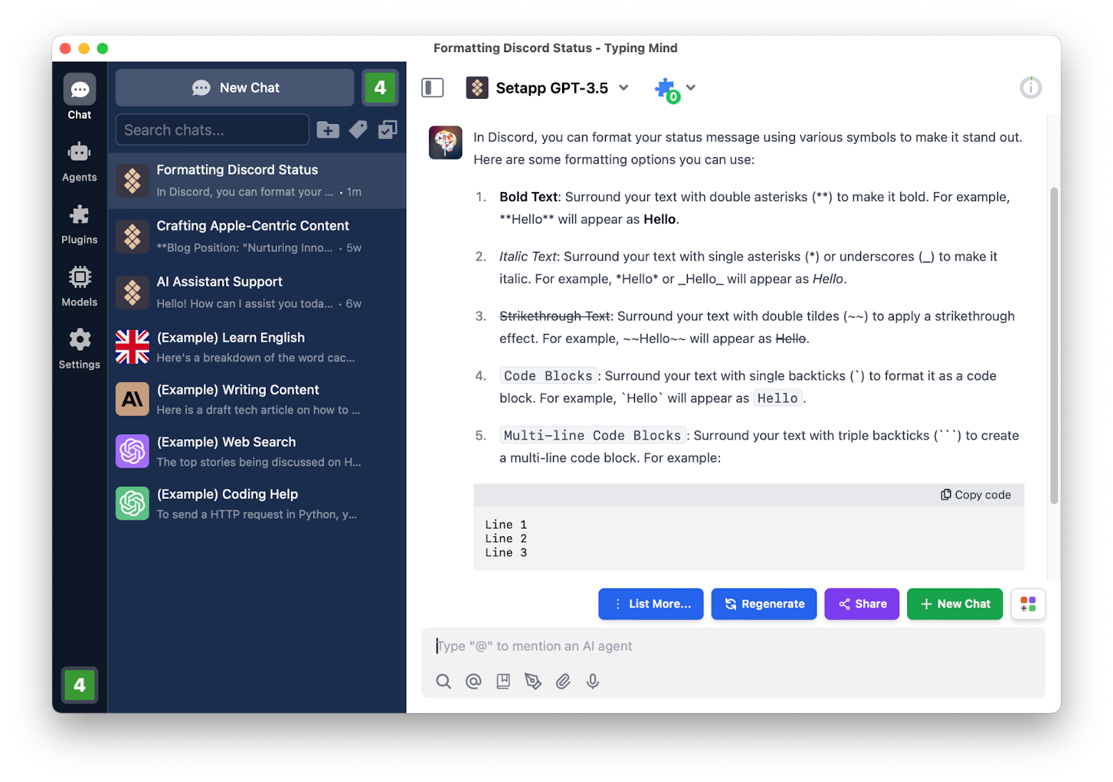 ask AI about Discord markdown in TypingMind