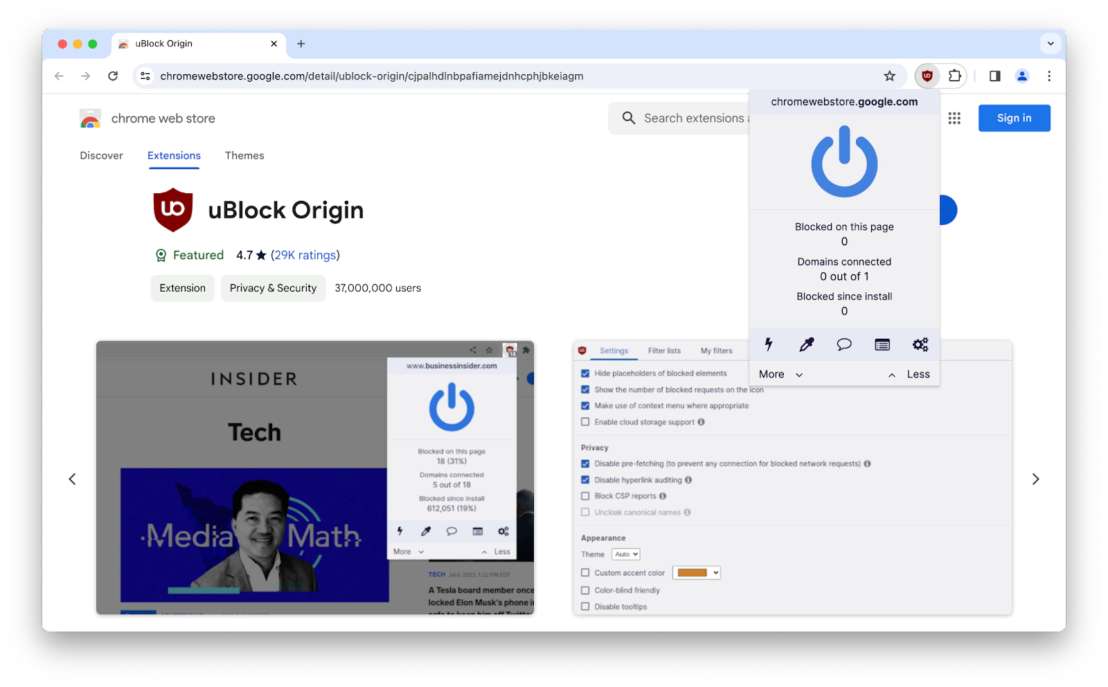 uBlock Origin, a browser ad blocker extension