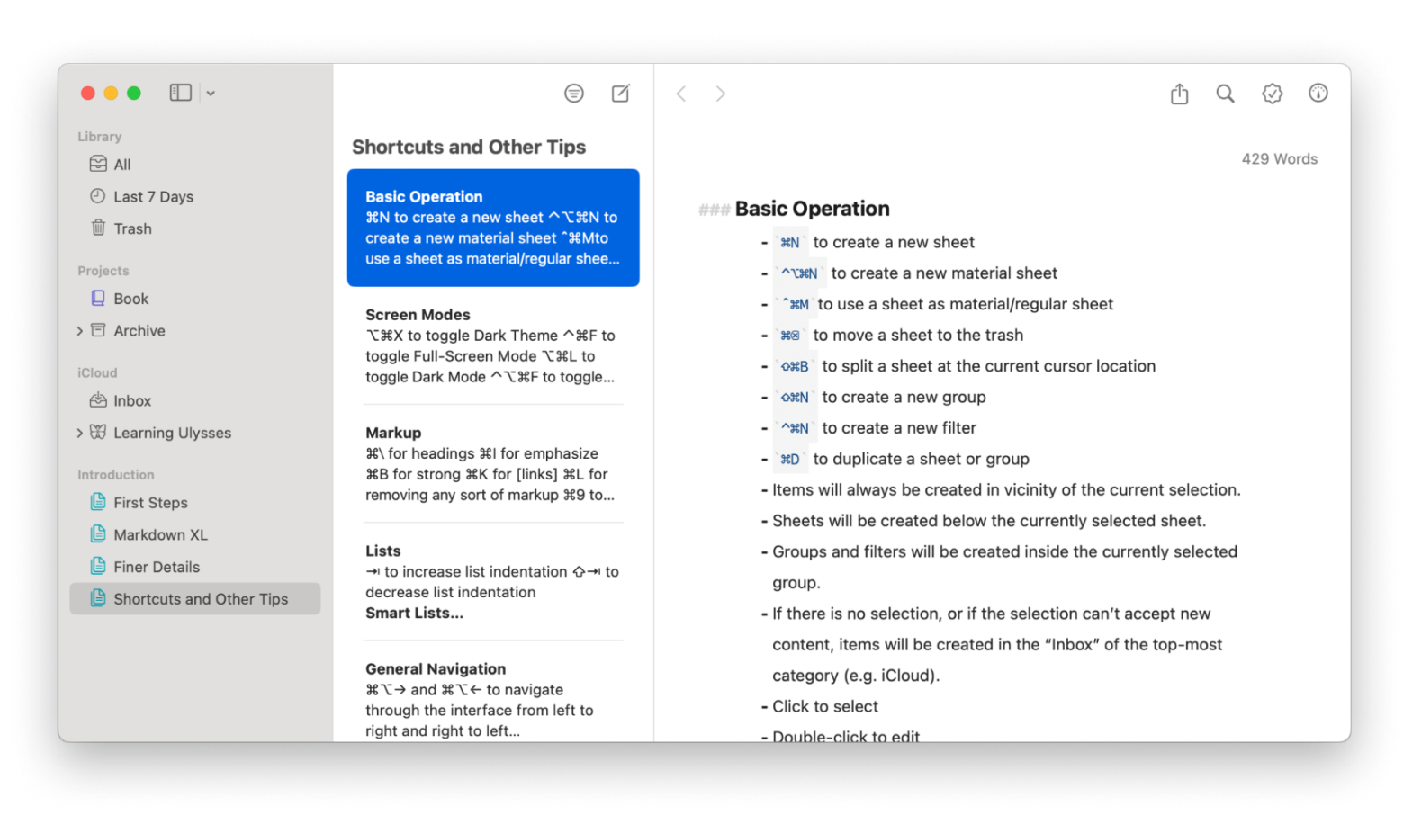 ulysses keyboard shortcuts