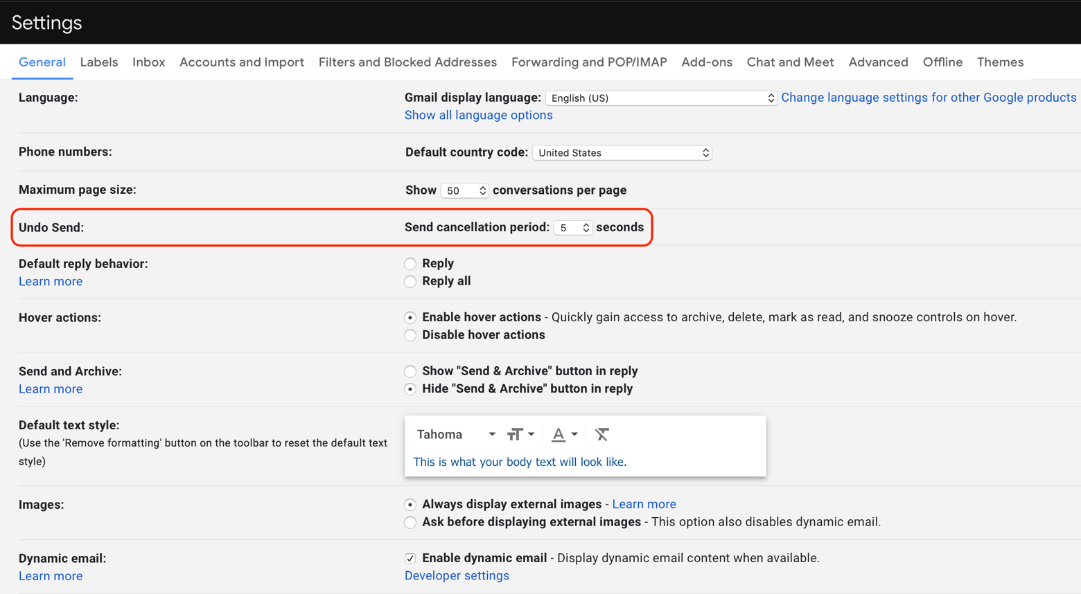undo email Gmail settings