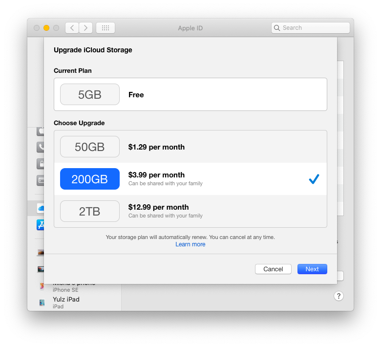 upgrade tier iCloud Mac storage