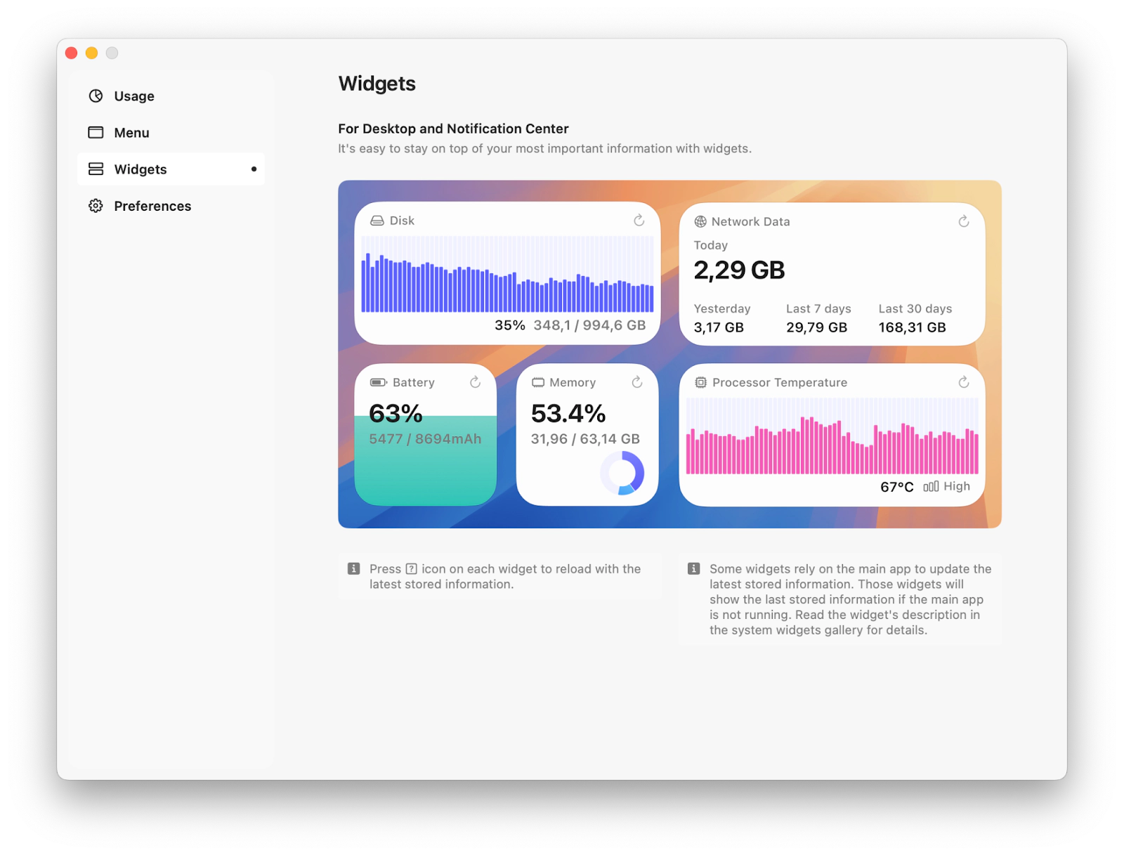 Processor Temperature and other widgets by Usage