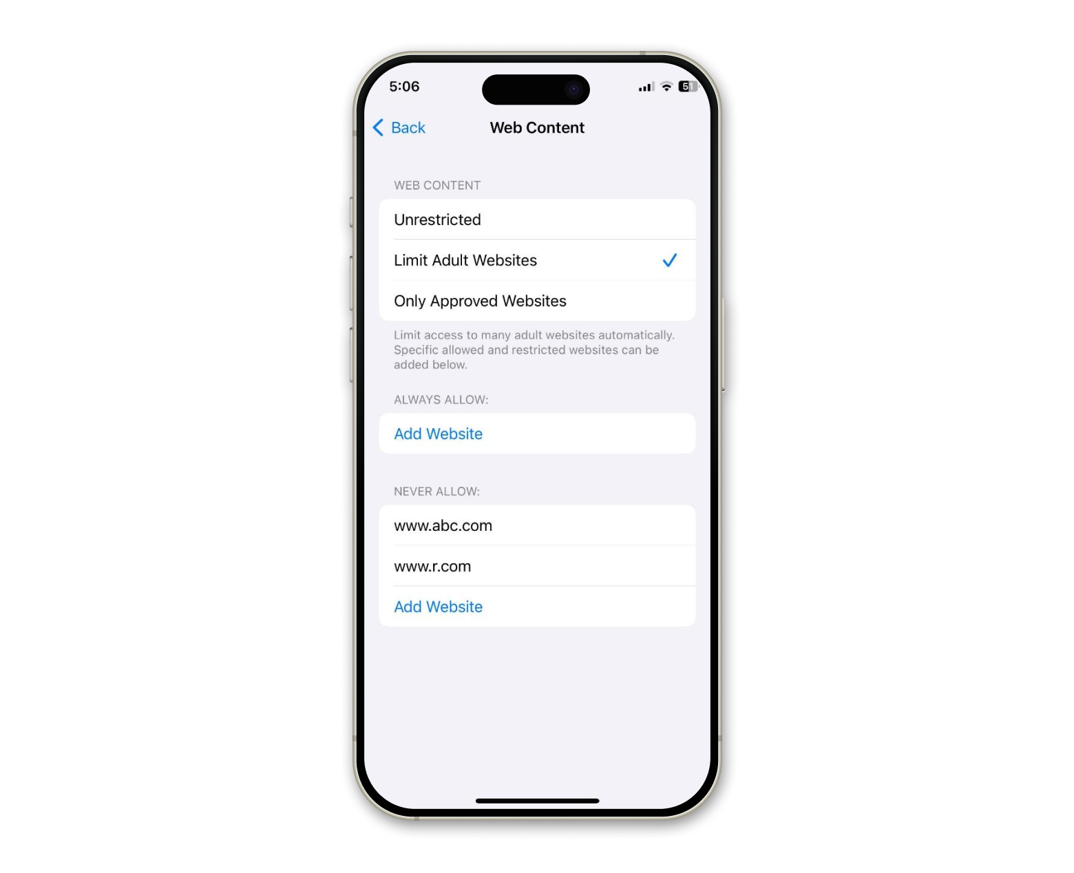 Web content restrictions iOS