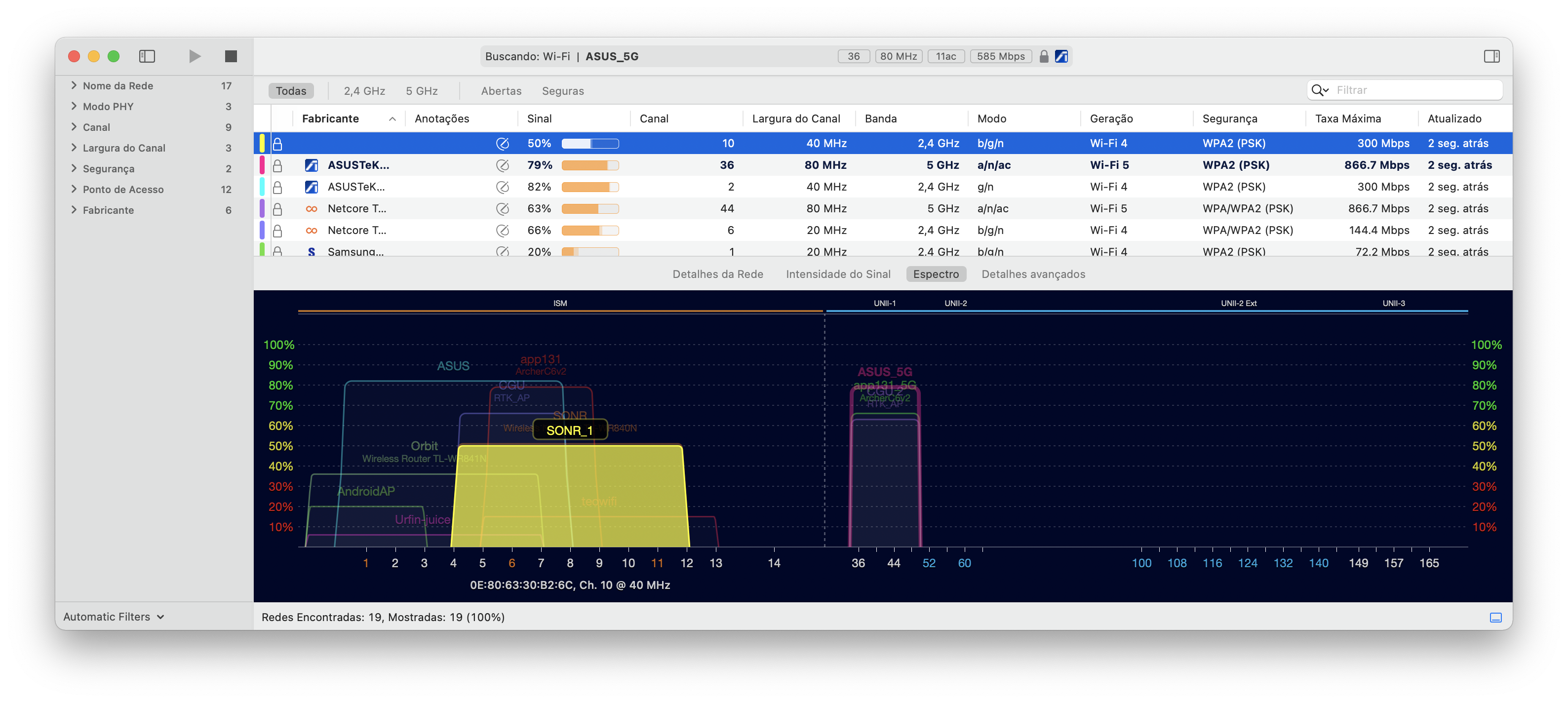 Lista de problemas de rede no WiFi Explorer