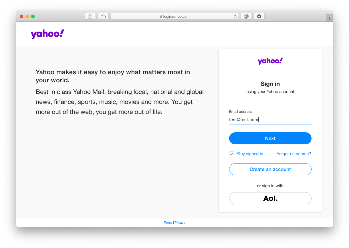 Yahoo mail create account