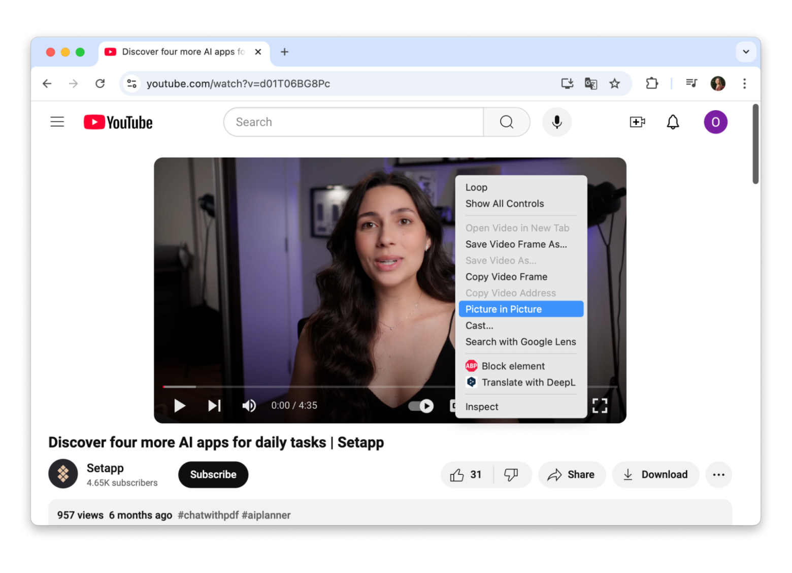 Picture-in-Picture Mode in Chrome YouTube