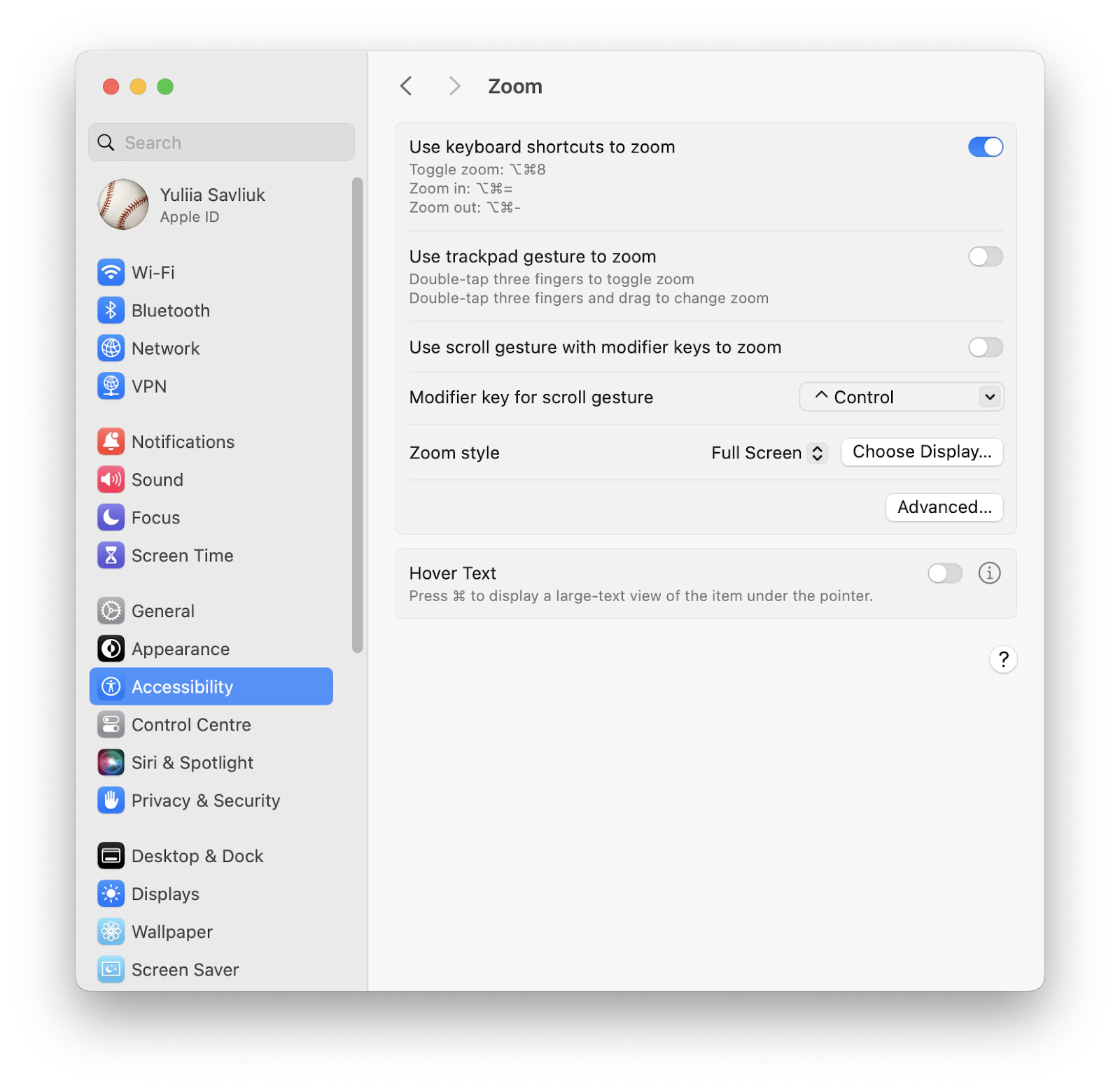 Zoom accessability shortcuts on a Mac