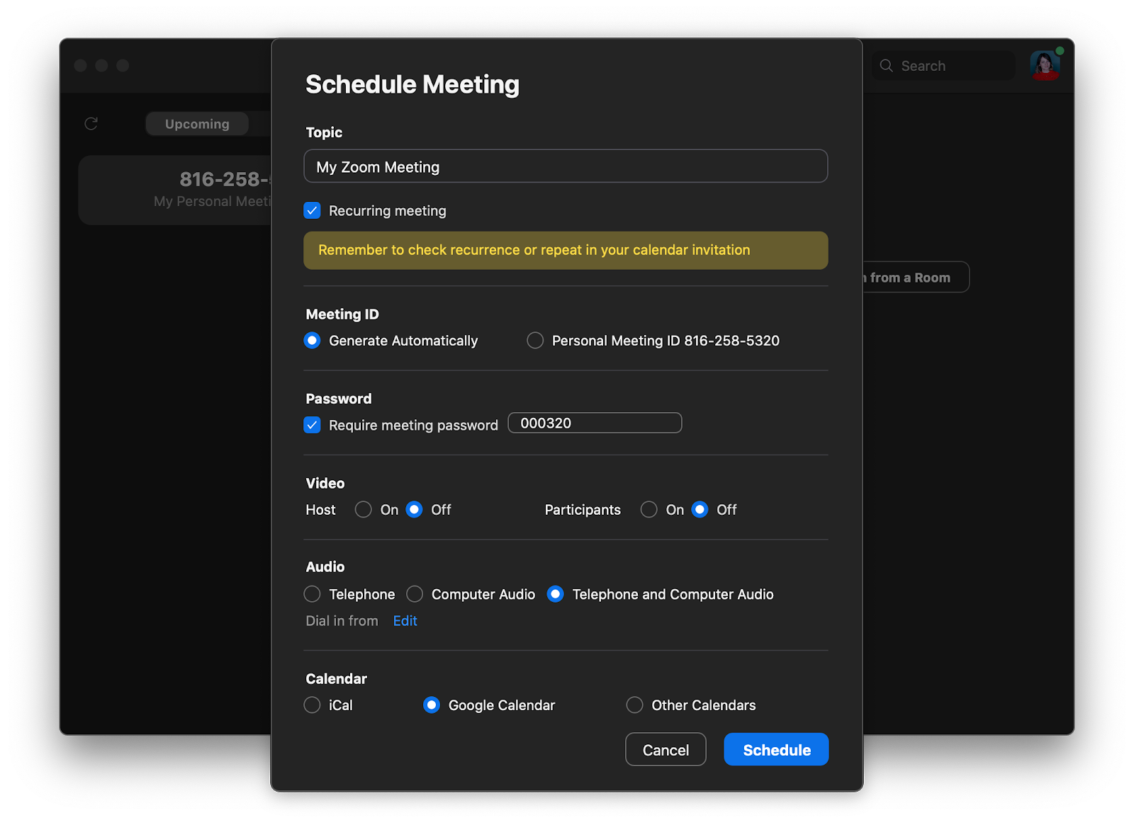 Zoom app schedule meeting